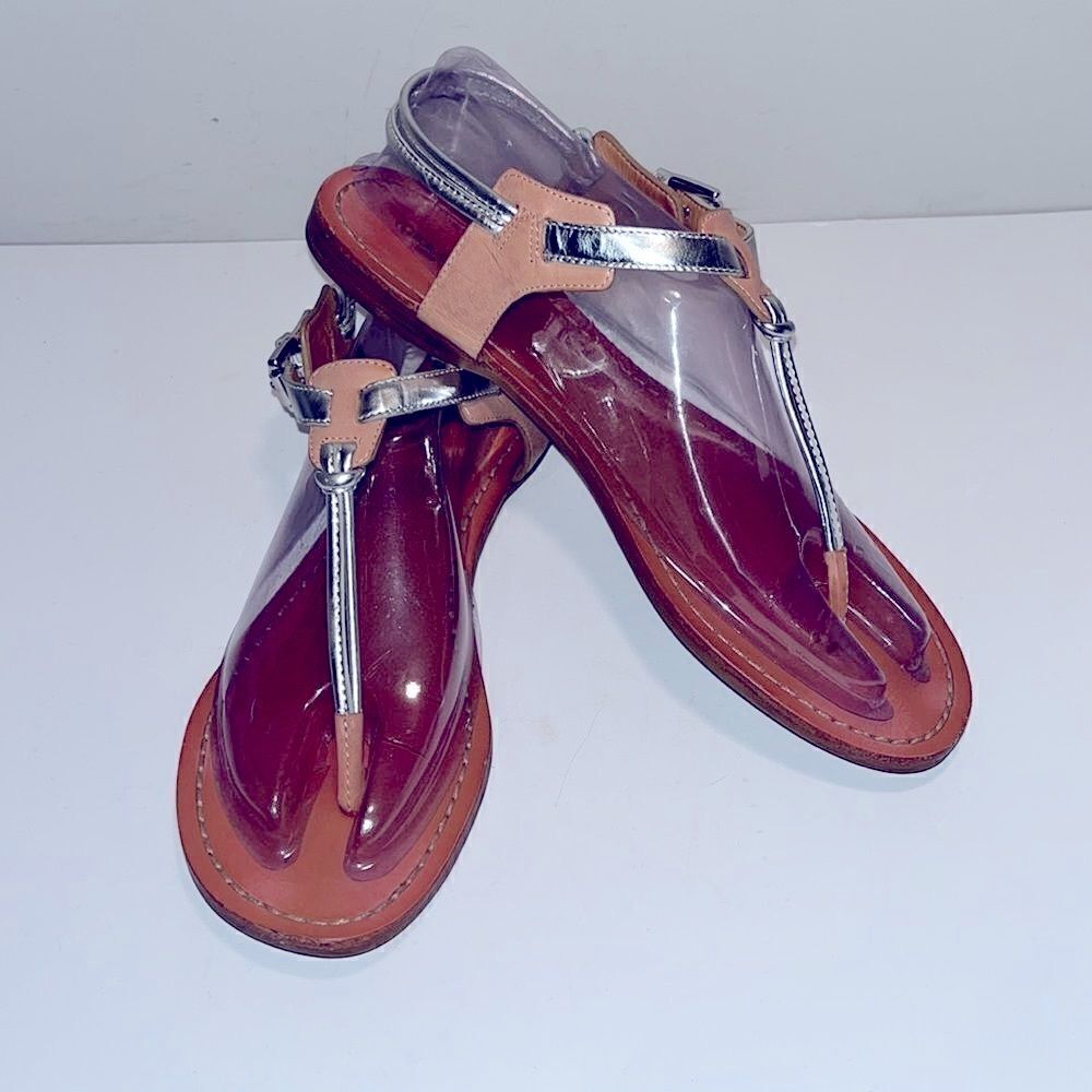 Coach silver & tan leather thong sandals
